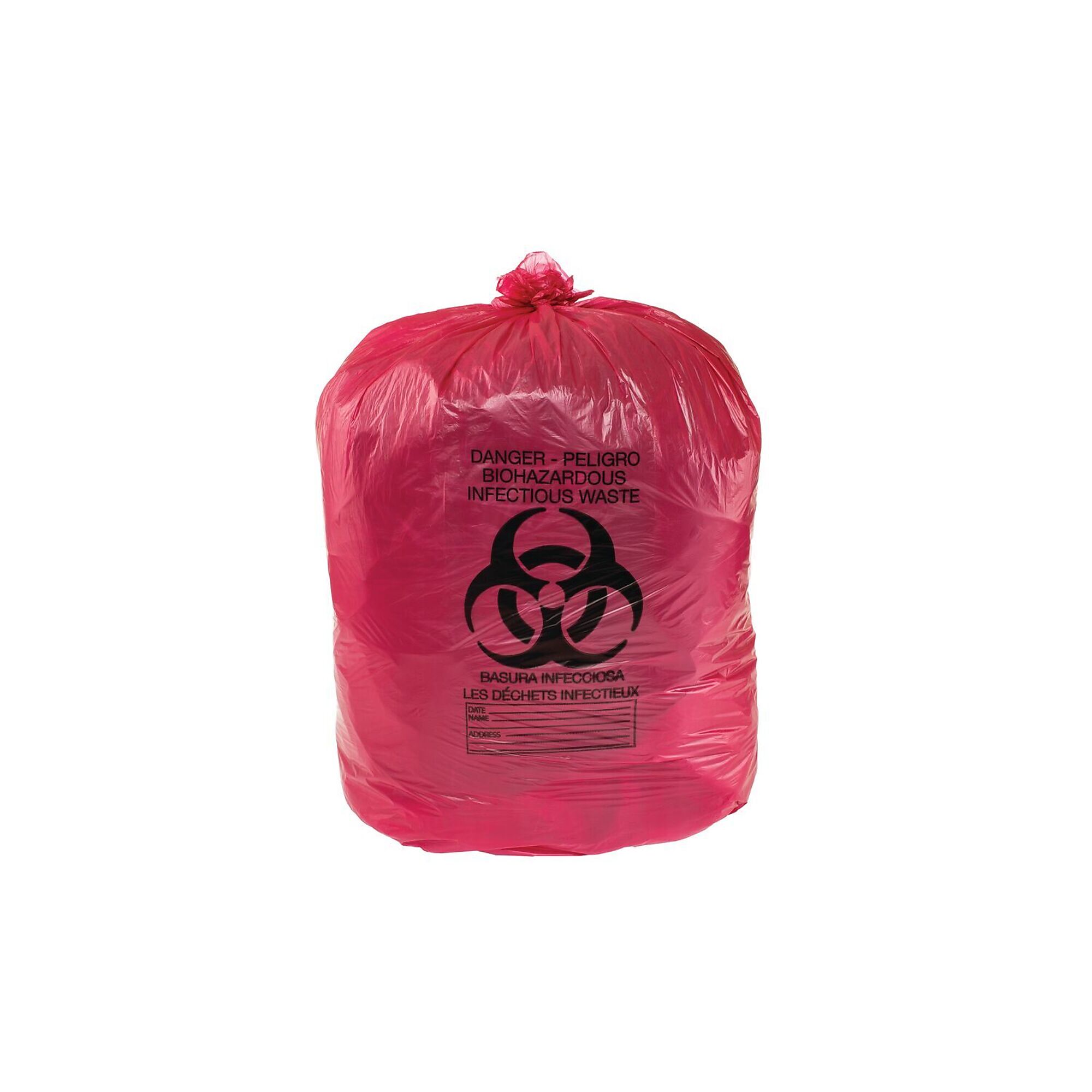 Justrite Biohazard Waste Can Liner Bags — 15 Gallon, 14 Microns Thick, Pack of 100, Red, Model# 05901